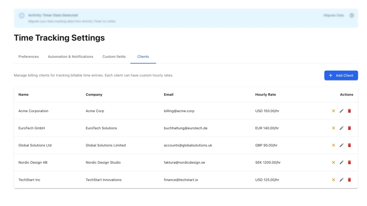Billable hours configuration