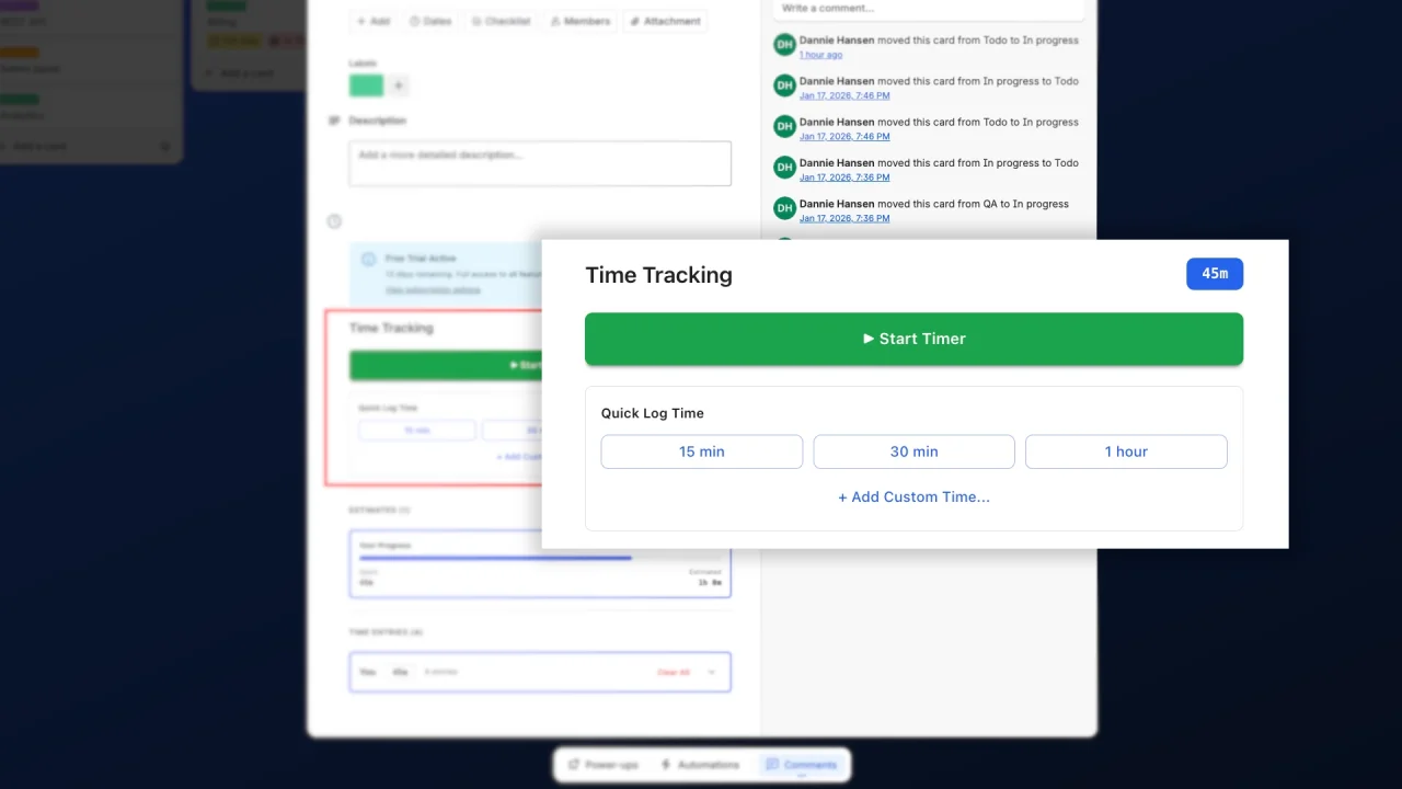 Timer running in Trello card